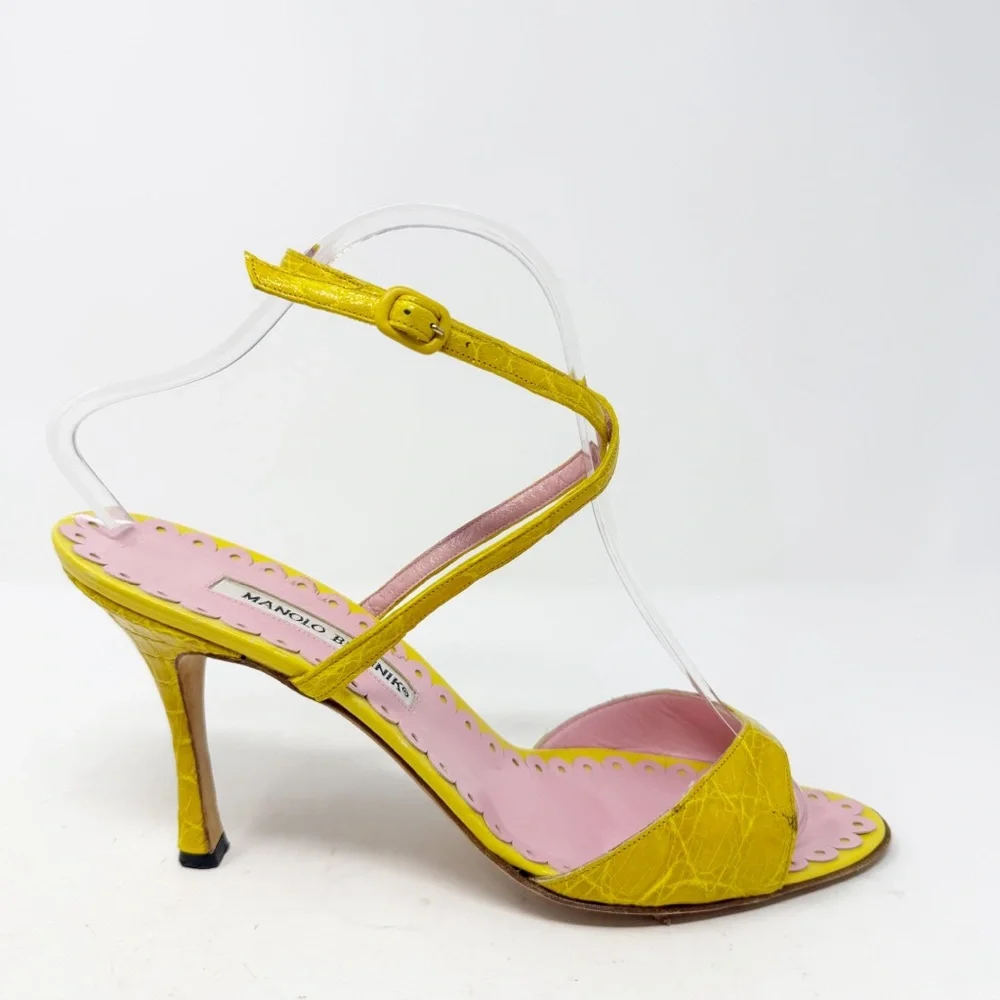 Manolo Blahnik Yellow Croc Embossed Strappy Sandals Pink Trim Womens Size EU 40